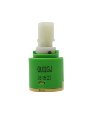 Lime green plastic cartridge with white plastic handle connection with tan bottom and black rubber seal.