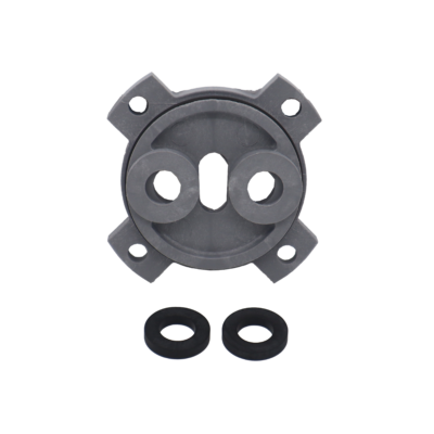 Grey plastic adapter plate with black rubber o-ring and washers.