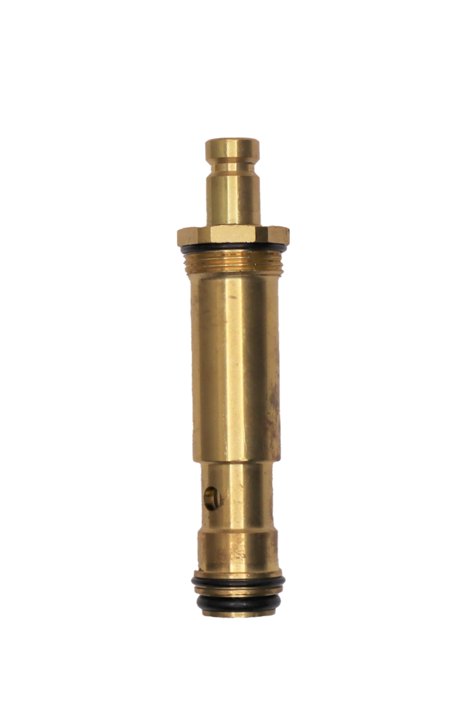Bright brass diverter assembly with push button top and black rubber o-rings.