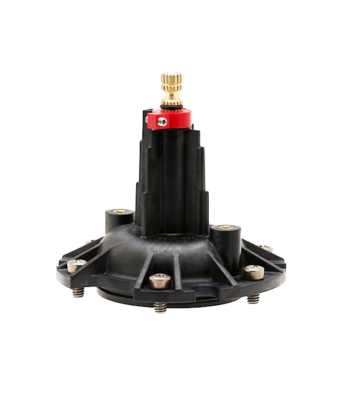 Black plastic cartridge with red limit stop brass stem stainless screws and black rubber seals.