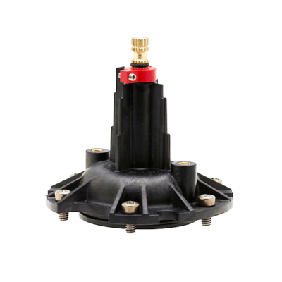 Black plastic cartridge with red limit stop brass stem stainless screws and black rubber seals.