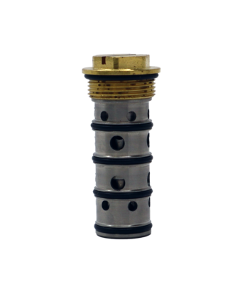 Stainless steel balancing cartridge with bright brass threaded top with black orings.