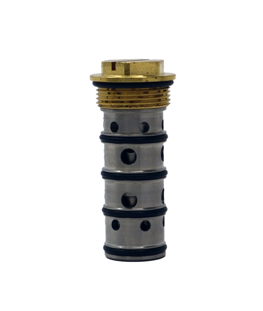 Stainless steel balancing cartridge with bright brass threaded top with black orings.