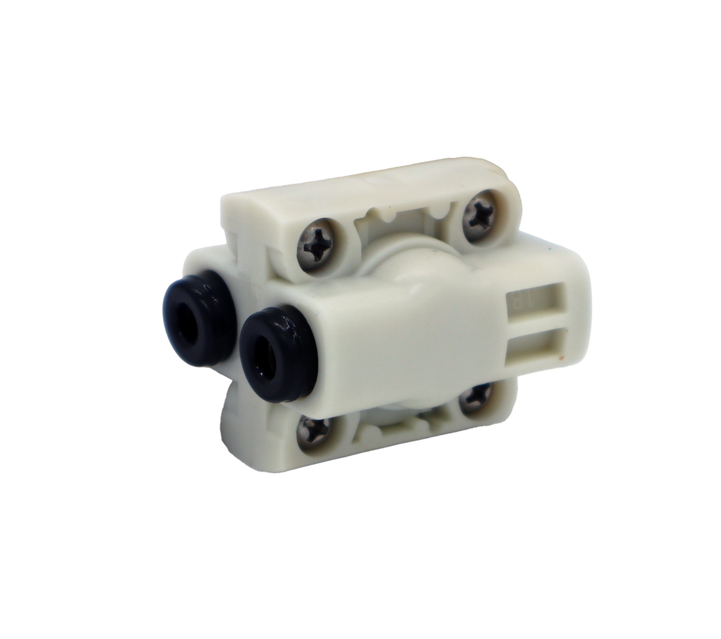 White platic balancer body with black rubber washers and stainless screws.