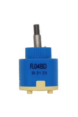 Blue cartridge with tan bottom with a threaded joystick style handle connection.
