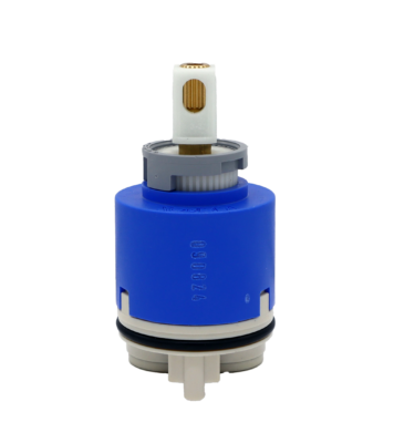 Bright blue plastic cartridge with grey limit stop and bottom with bright brass handle connections bal-oring and seals.