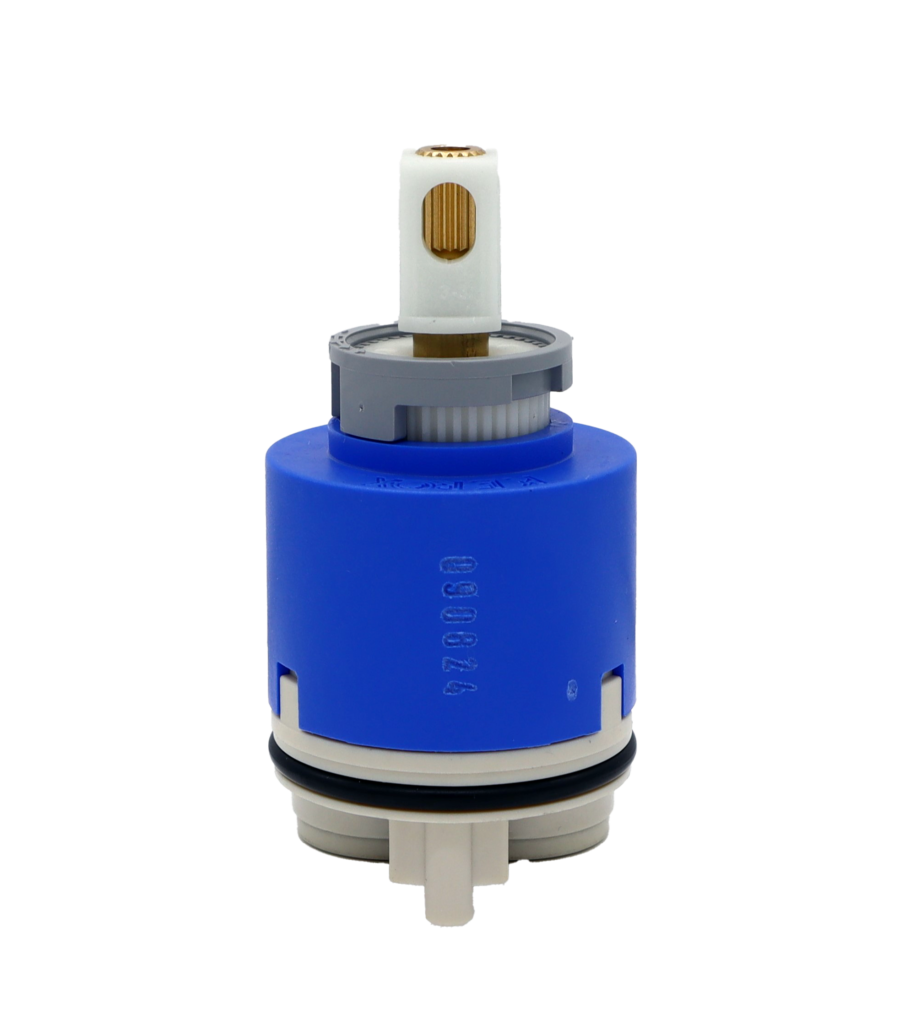Bright blue plastic cartridge with grey limit stop and bottom with bright brass handle connections bal-oring and seals.