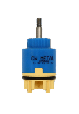 Bright blue plastic cartridge with stainless joystick handle connection tan plastic bottom with black oring and blue bottom seal.