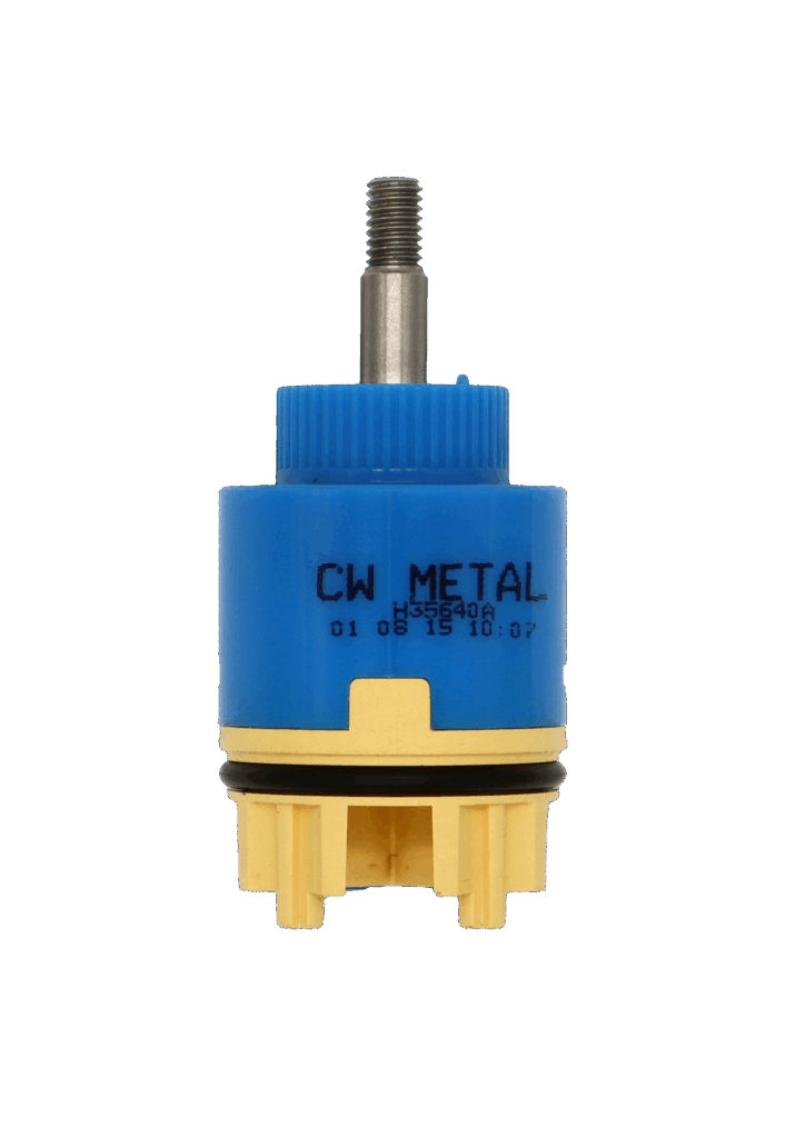 Bright blue plastic cartridge with stainless joystick handle connection tan plastic bottom with black oring and blue bottom seal.