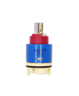 Blue and tan plastic cartridge with red limit stop square handle connection with blakc seals.