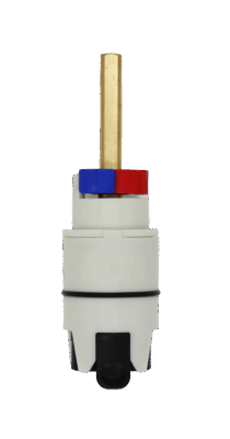 White plastic cartridge with red and blue limit stop with square brass stem and black rubber seals on the bottom.