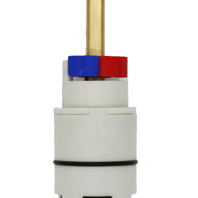 White plastic cartridge with red and blue limit stop with square brass stem and black rubber seals on the bottom.