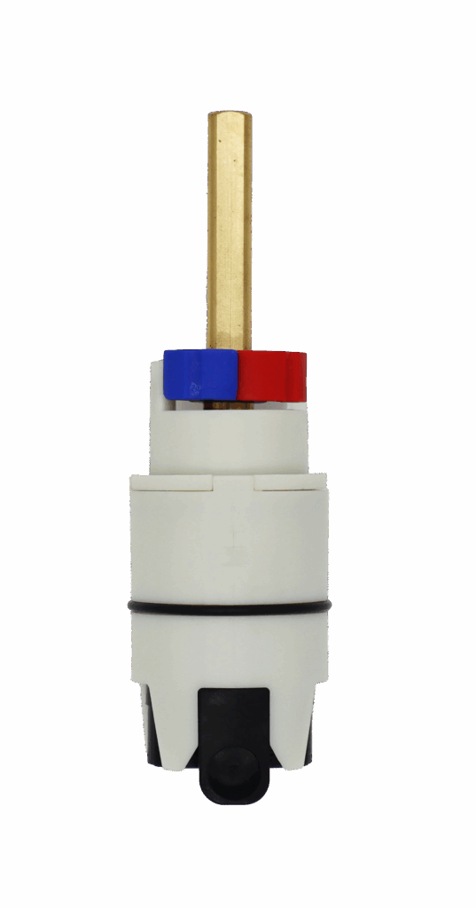 White plastic cartridge with red and blue limit stop with square brass stem and black rubber seals on the bottom.