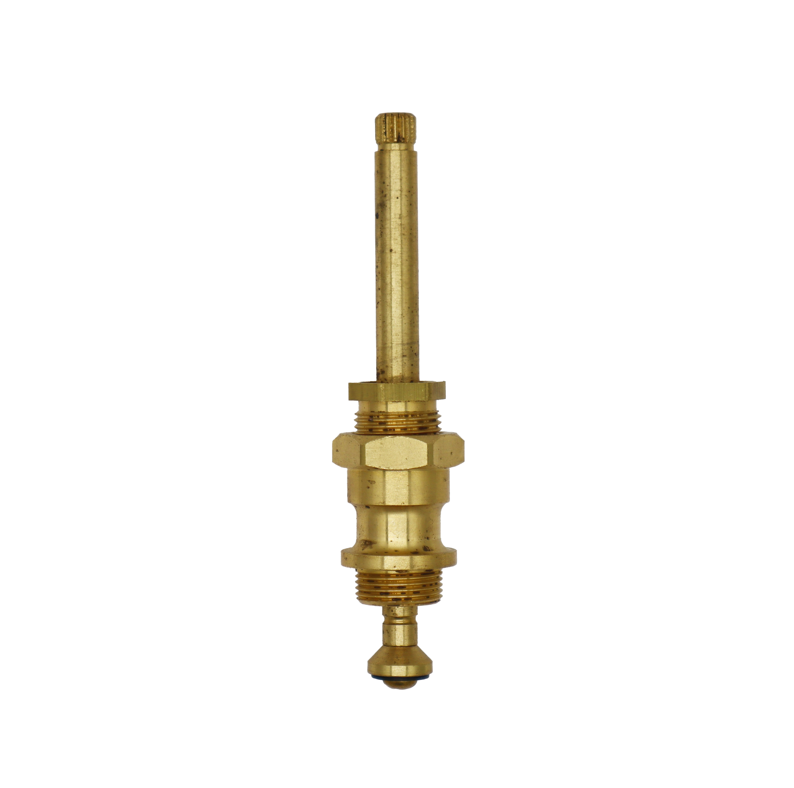 Bright brass compression stem with black rubber washer and brass screw.