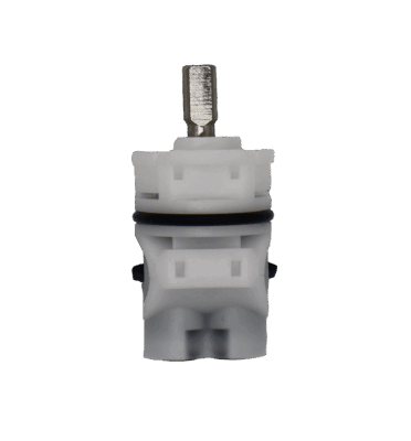 White plastic cartridge with stainless handle connection with black rubber o-ring and black rubber seals.