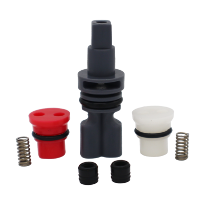 Grey plastic cartridge with red and white plastic seats stainless springs and black rubber o-rings and washers.