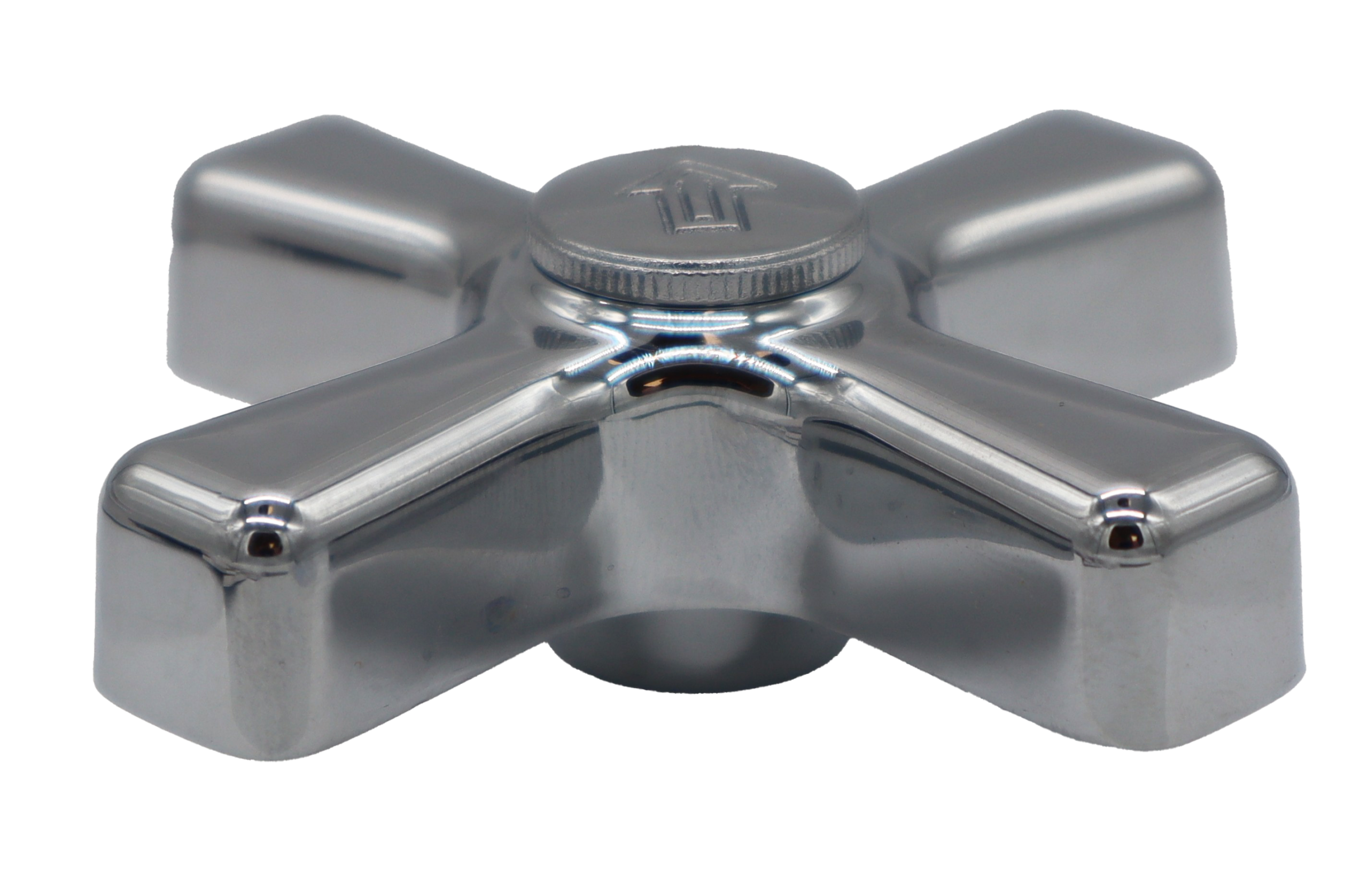 Polished chrome x-cross handle with threaded index button and stainless screw.
