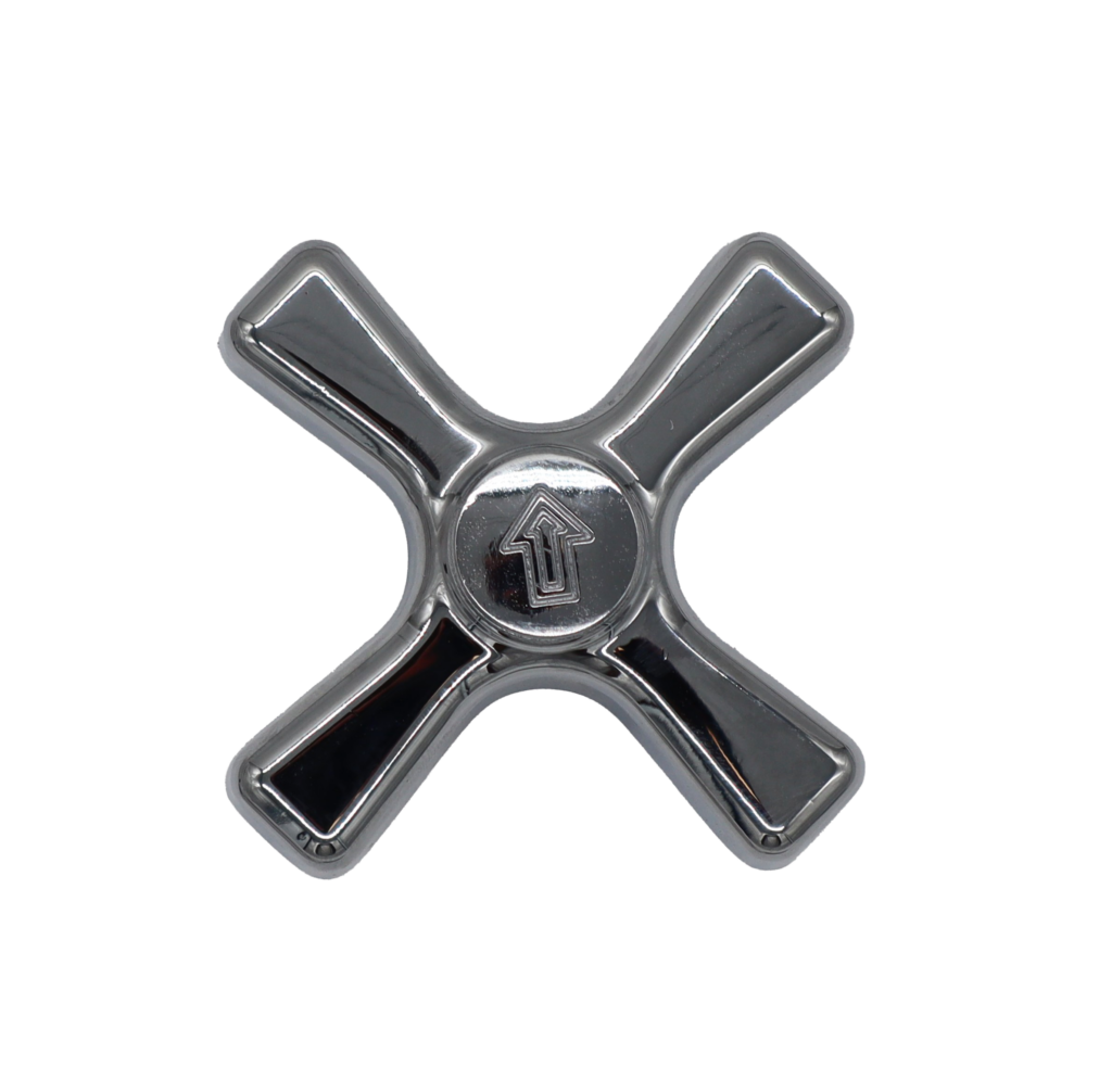 Polished chrome x-cross handle with threaded index button and stainless screw.