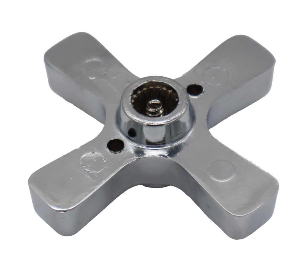 Polished chrome x-cross handle with threaded index button and stainless screw.