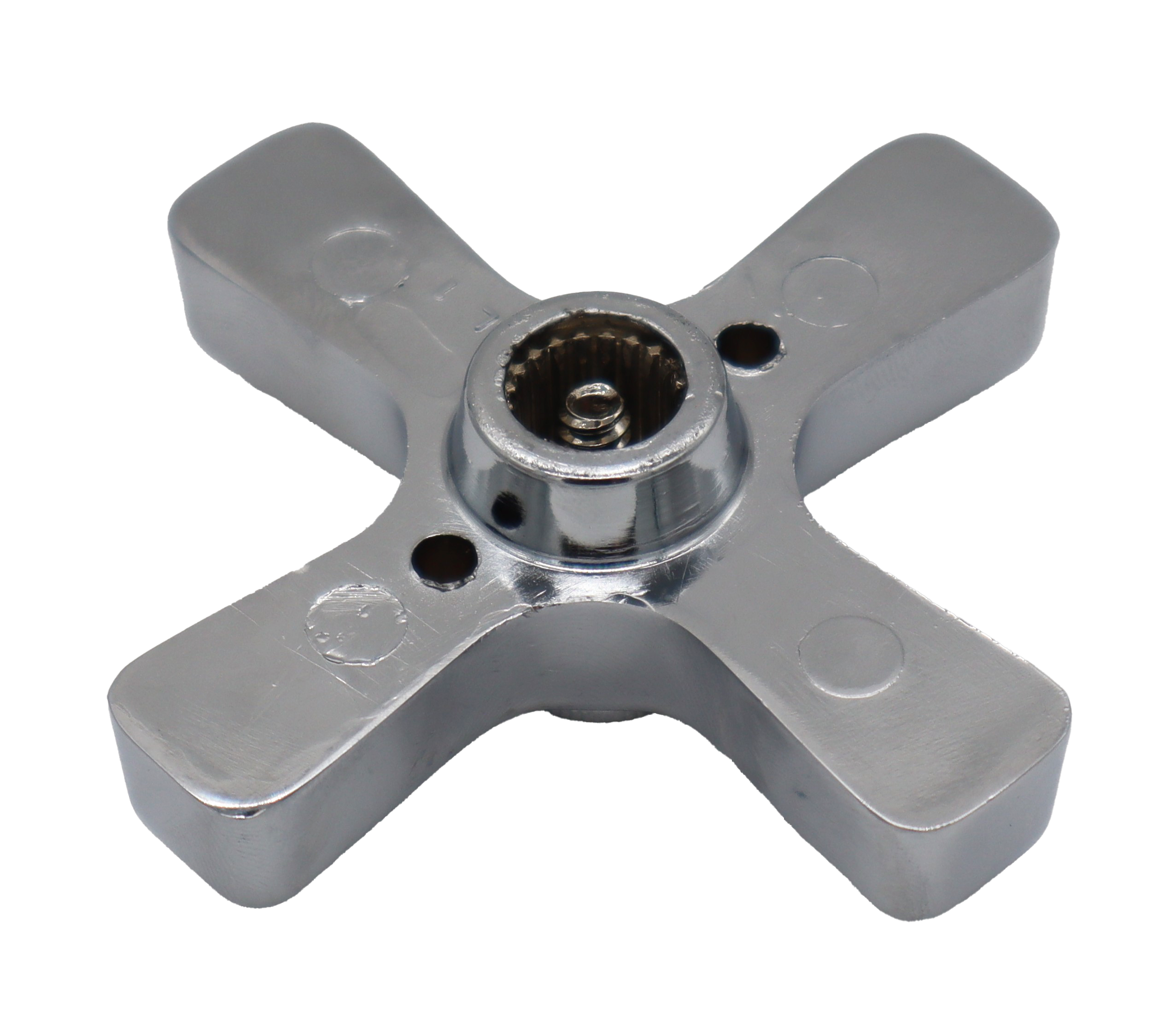 Polished chrome x-cross handle with threaded index button and stainless screw.