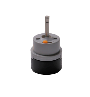 Grey and black cartridge body with stainless steel handle connection with orange control stop with an orange rubber o-ring on the bottom.