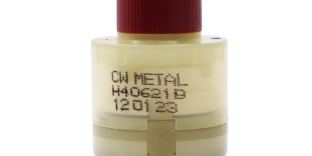 White plastic cartridge body with red limit stop white handle connection black oring and blue bottom seal.