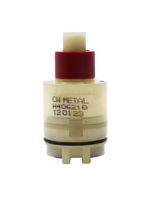 White plastic cartridge body with red limit stop white handle connection black oring and blue bottom seal.