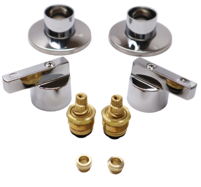 Polished chrome escutcheons and handles with stainless screws with bright brass stems seats and black rubber washers.