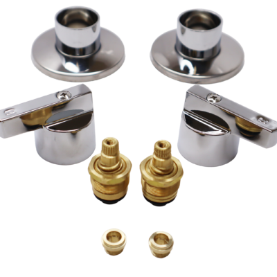 Polished chrome escutcheons and handles with stainless screws with bright brass stems seats and black rubber washers.