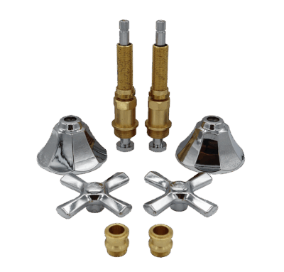 Polished chrome escutcheons and handles with bright brass stems and faucet seats.