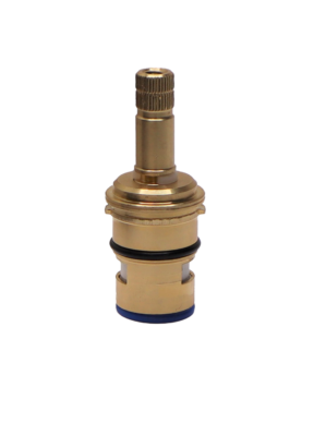 Bright brass cartridge with white ceramic disc black o-ring and blue bottom seal.