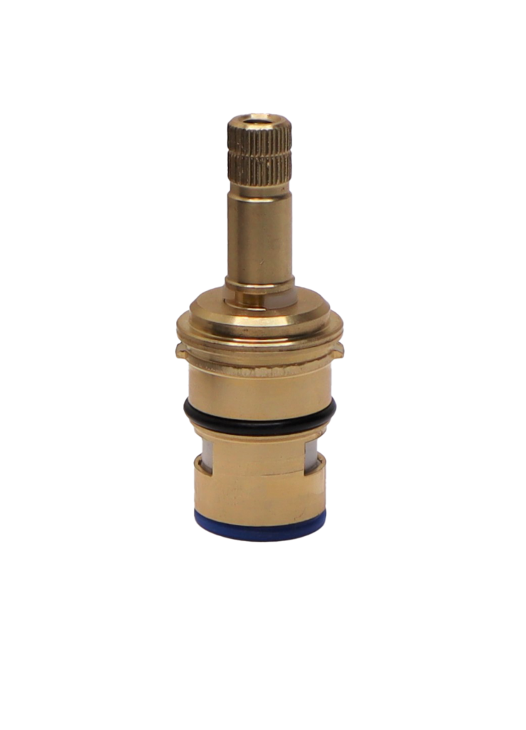 Bright brass cartridge with white ceramic disc black o-ring and blue bottom seal.