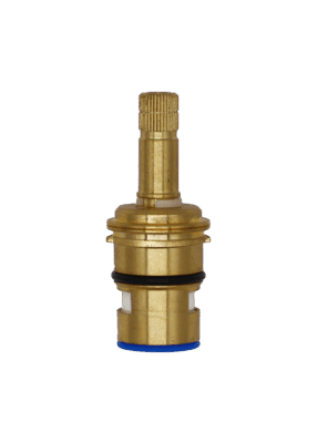 Bright brass cartridge with white ceramic disc black o-ring and blue bottom seal.