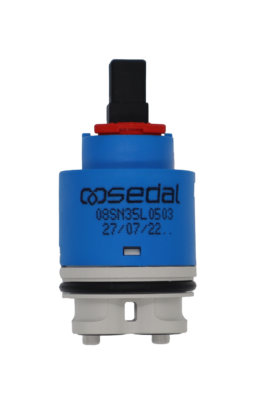 Bright blue cartridge with red limit stop black square handle connection grey bottom with black rubber o-ring and seals.