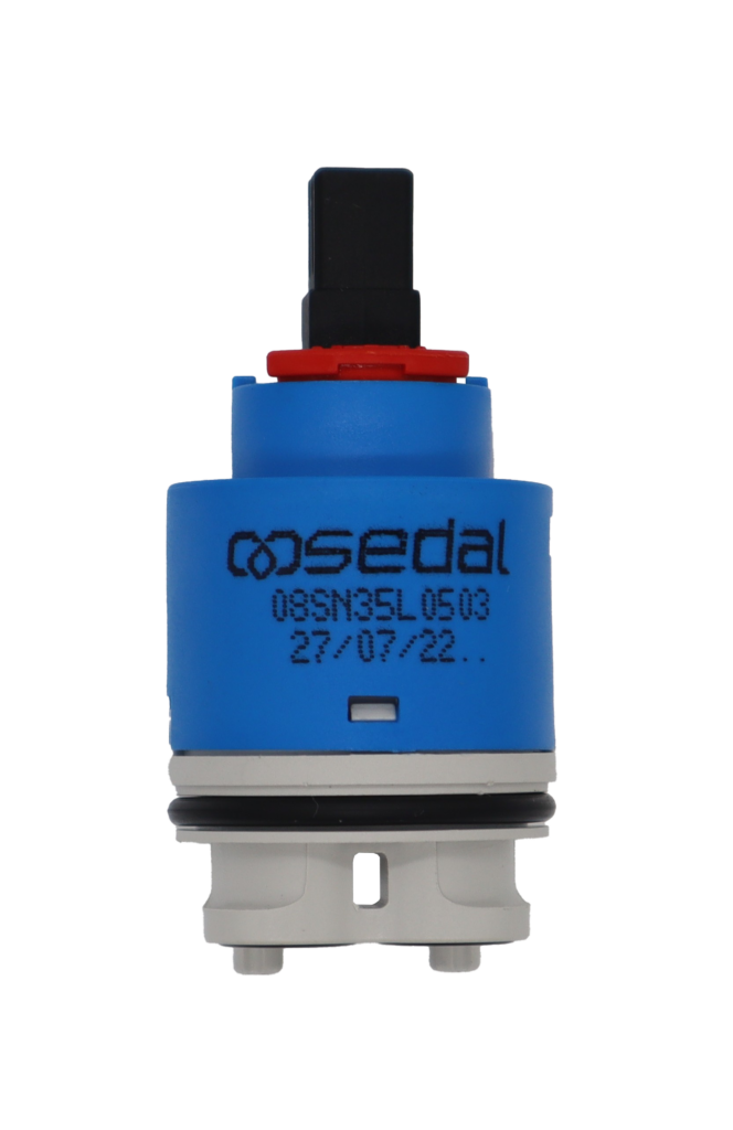 Bright blue cartridge with red limit stop black square handle connection grey bottom with black rubber o-ring and seals.