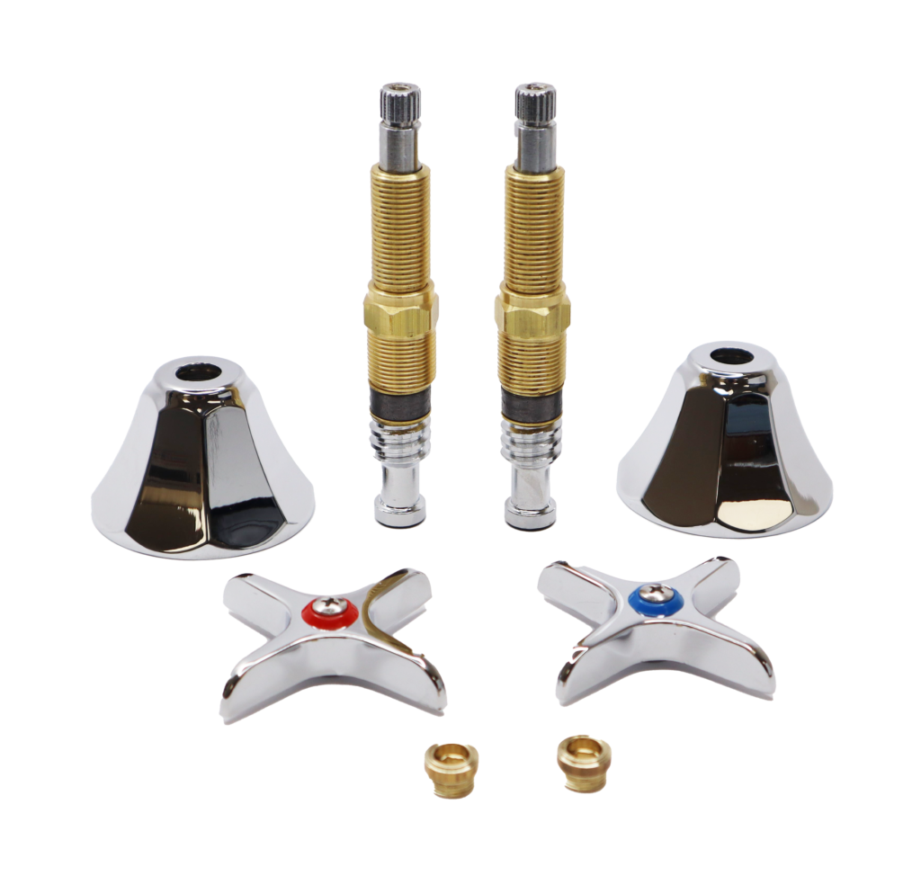 Chrome plated handles and escutcheons brass stems with black packings brass faucet seats.