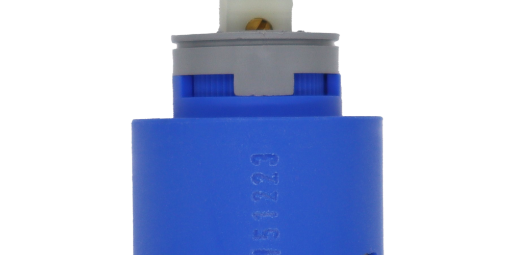 Bright blue plastic cartridge with grey limit stop white square handle connection white bottom with red rubber seal with KEROX stamped on the top.