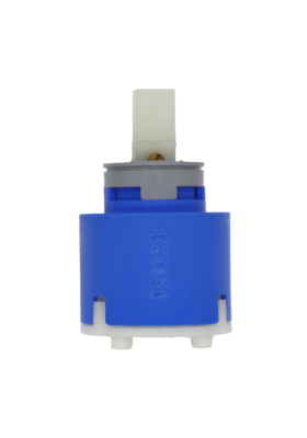 Bright blue plastic cartridge with grey limit stop white square handle connection white bottom with red rubber seal with KEROX stamped on the top.
