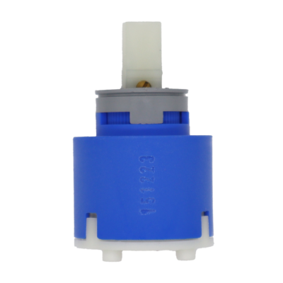 Bright blue plastic cartridge with grey limit stop white square handle connection white bottom with red rubber seal with KEROX stamped on the top.