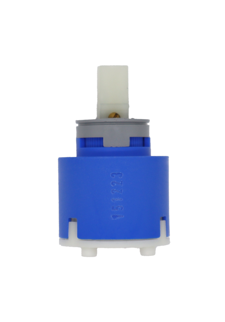 Bright blue plastic cartridge with grey limit stop white square handle connection white bottom with red rubber seal with KEROX stamped on the top.