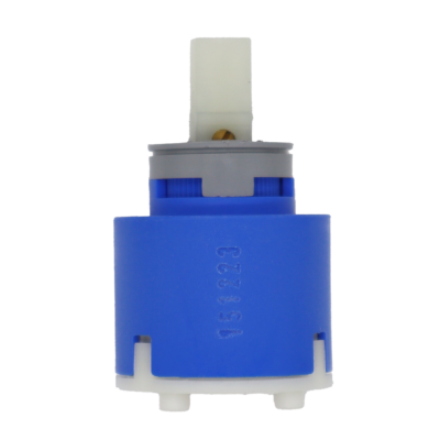 Bright blue plastic cartridge with grey limit stop white square handle connection white bottom with red rubber seal with KEROX stamped on the top.