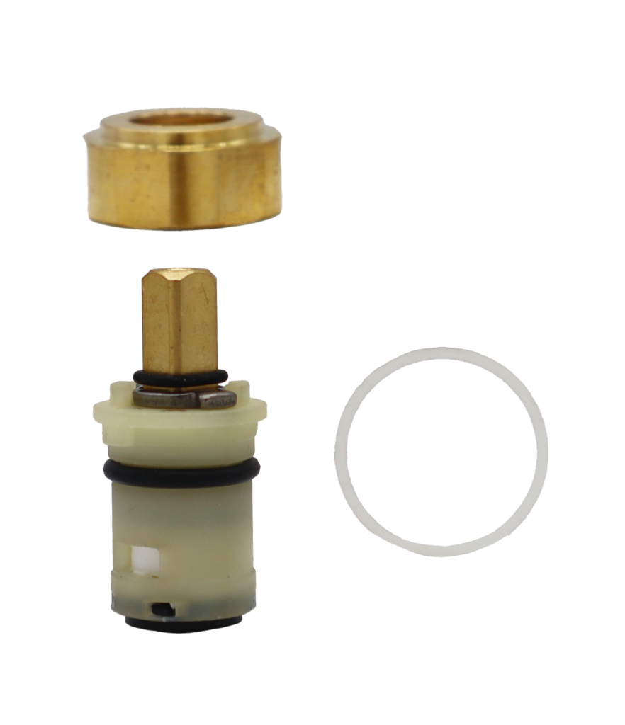 White plastic cartridge with black orings and black bottom seal brass bonnet nut and white plastic oring.