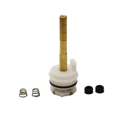 White plastic cartridge with brass stem stainless bottom with black oring stainless springs and black rubber seats.