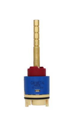 Blue and tan cartridgw with red limit stop brass stem black rubber o-ring and blue rubber gasket.