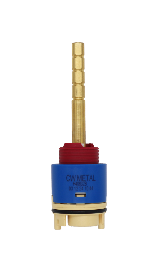 Blue and tan cartridgw with red limit stop brass stem black rubber o-ring and blue rubber gasket.