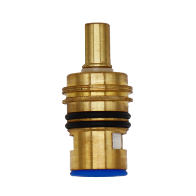 Bright brass cartridge with balck rubber o-rings white ceramic discs and blue rubber seal.