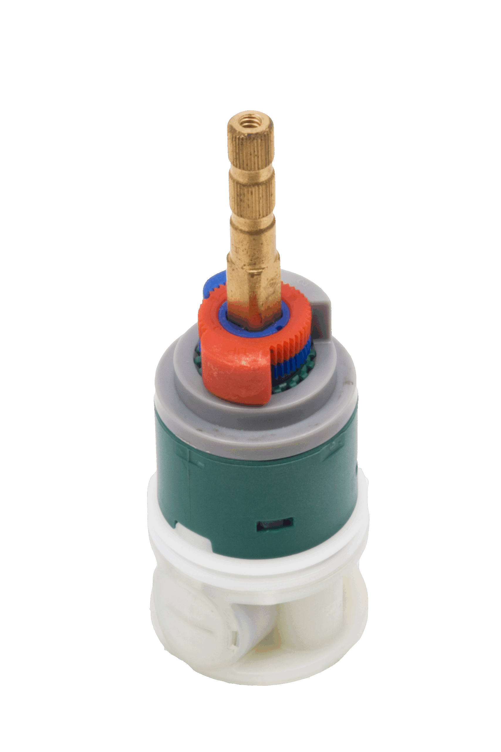 Green and white plastic cartrdige with rad and blue limit stops and brass stem.