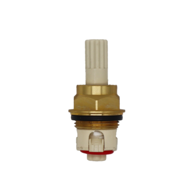 White platic cartridge with brass nut black o-ring and red bottom seal.