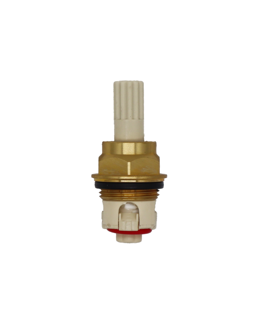 White platic cartridge with brass nut black o-ring and red bottom seal.