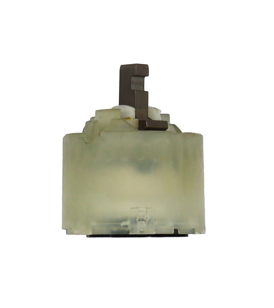Clear plastic cartridge with white limit stop metal handle connection and black rubber bottom seals.